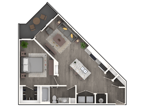 A top-down view of a house floor plan showing a living room, kitchen, dining area, and bathrooms.
